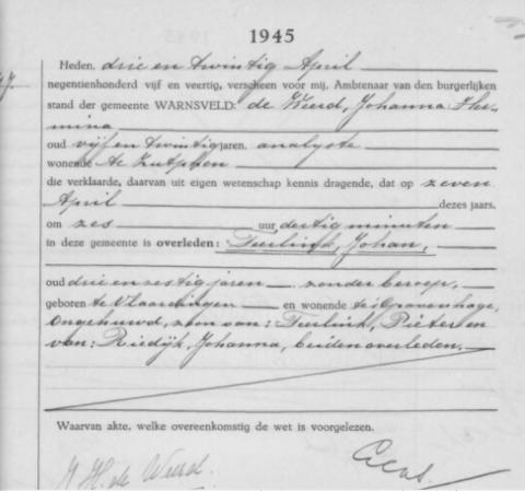 Uittreksel uit het overlijdensregister der Gemeente Warnsveld