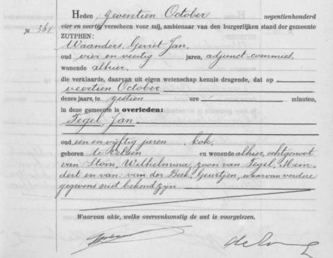 Uittreksel uit het overlijdensregister der Gemeente Zutphen