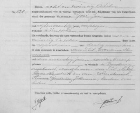 Uittreksel uit het overlijdensregister der Gemeente Warnsveld