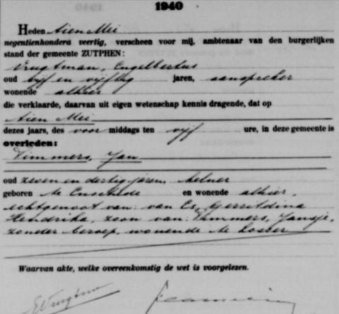 Uittreksel uit het Overlijdens Register der Gemeente Zutphen (met 'Jan Timmers')