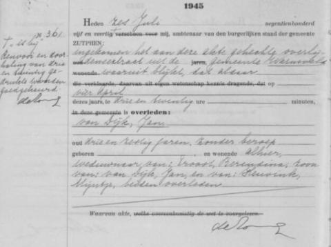 Uittreksel uit het overlijdensregister der Gemeente Zutphen