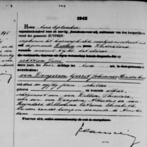 Uittreksel uit het overlijdensregister der Gemeente Zutphen