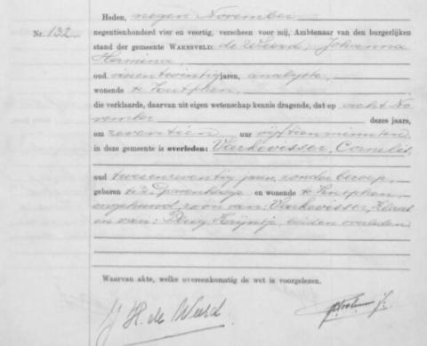 Uittreksel uit het overlijdensregister der Gemeente Warnsveld