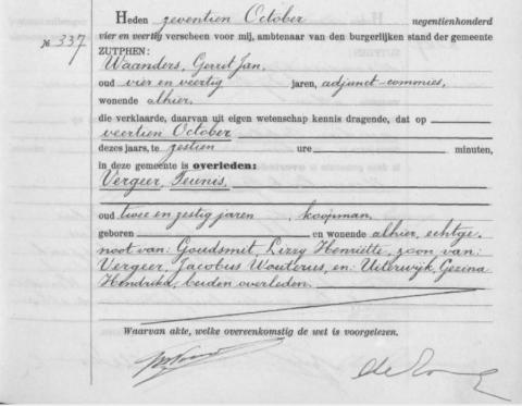 Uittreksel uit het overlijdensregister der Gemeente Zutphen