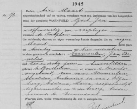 Uittreksel uit het overlijdensregister der Gemeente Warnsveld