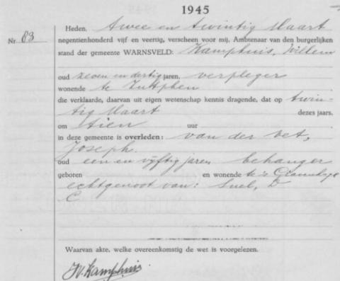Uittreksel uit het overlijdensregister der Gemeente Warnsveld