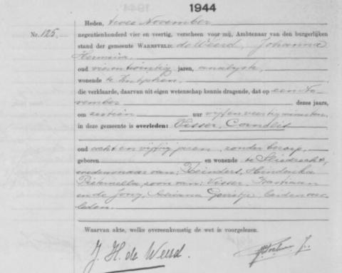 Uittreksel uit het overlijdensregister der Gemeente Warnsveld