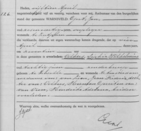 Uittreksel uit het overlijdensregister der Gemeente Warnsveld