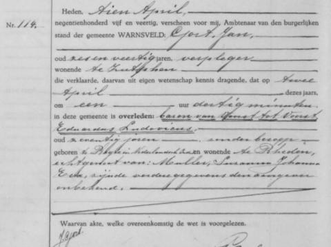 Uittreksel uit het overlijdensregister der Gemeente Warnsveld