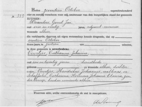 Uittreksel uit het overlijdensregister der Gemeente Zutphen (Onder de naam Voortjes)