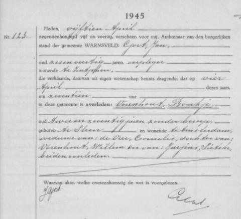 Uittreksel uit het overlijdensregister der Gemeente Warnsveld