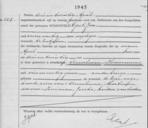 Uittreksel uit het overlijdensregister der Gemeente Warnsveld