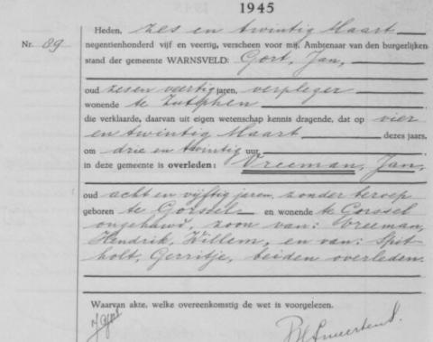 Uittreksel uit het overlijdensregister der Gemeente Warnsveld