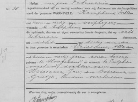 Uittreksel uit het overlijdensregister der Gemeente Warnsveld