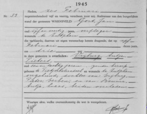 Uittreksel uit het overlijdensregister der Gemeente Warnsveld