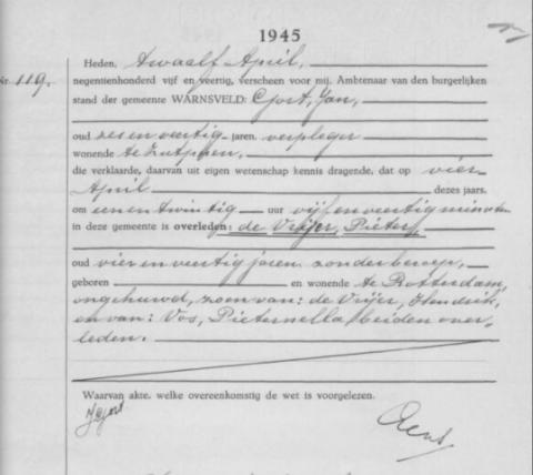 Uittreksel uit het overlijdensregister der Gemeente Warnsveld