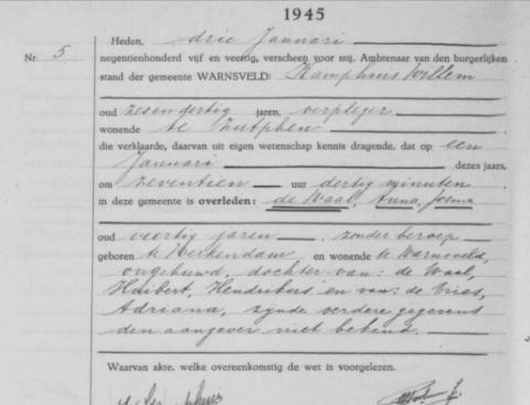 Uittreksel uit het overlijdensregister der Gemeente Warnsveld