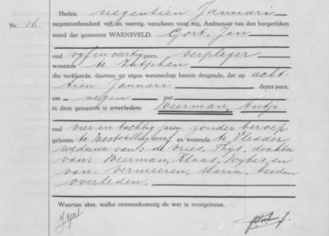Uittreksel uit het overlijdensregister der Gemeente Warnsveld