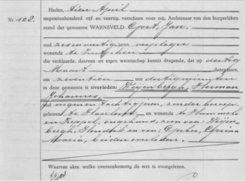 Uittreksel uit het overlijdensregister der Gemeente Warnsveld