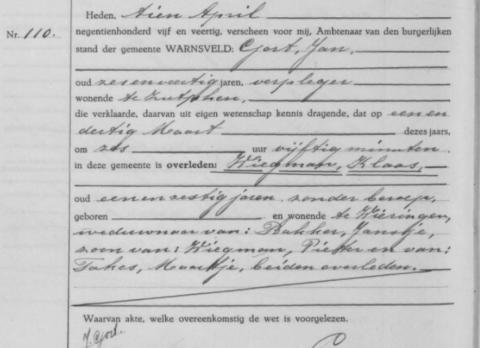 Uittreksel uit het overlijdensregister der Gemeente Warnsveld