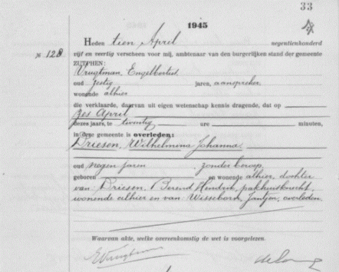 Uittreksel uit het overlijdensregister der Gemeente Zutphen