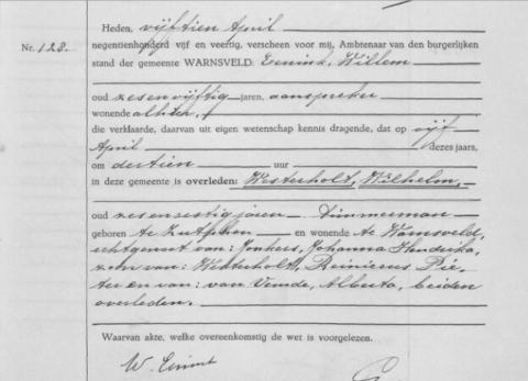 Uittreksel uit het overlijdensregister der gemeente Warnsveld