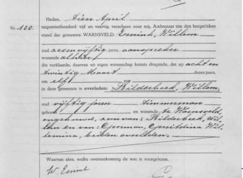 Uittreksel uit het overlijdensregister der Gemeente Warnsveld