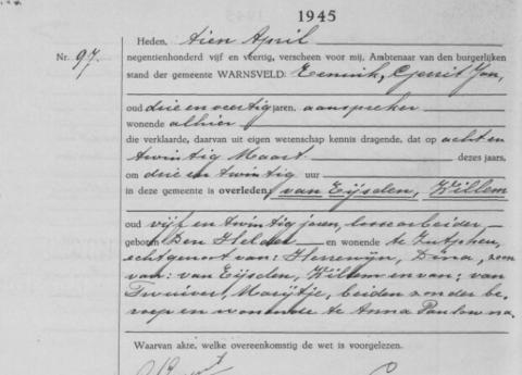 Uittreksel uit het overlijdensregister der Gemeente Warnsveld