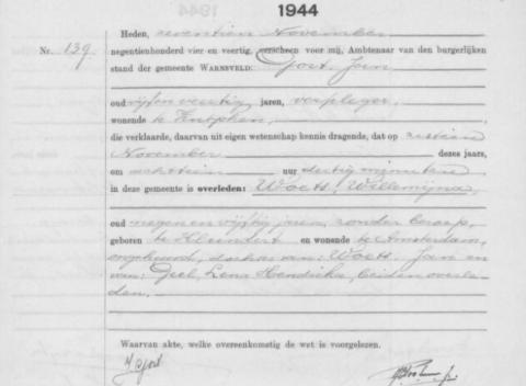 Uittreksel uit het overlijdensregister der Gemeente Warnsveld