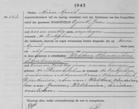 Uittreksel uit het overlijdensregister der Gemeente Warnsveld