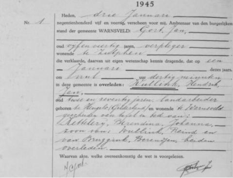 Uittreksel uit het overlijdensregister der Gemeente Warnsveld