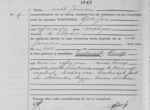 Uittreksel uit het overlijdensregister der Gemeente Warnsveld