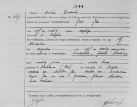 Uittreksel uit het overlijdensregister der Gemeente Warnsveld