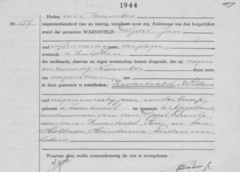 Uittreksel uit het overlijdensregister der Gemeente Warnsveld