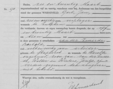 Uittreksel uit het overlijdensregister der Gemeente Warnsveld