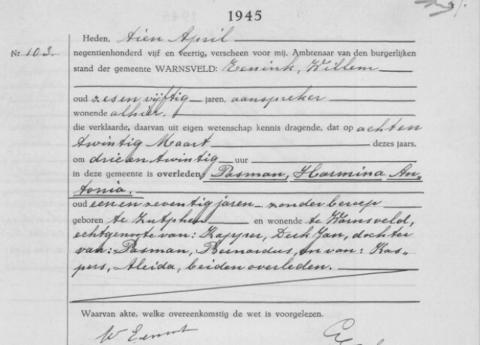 Uittreksel uit het overlijdensregister der Gemeente Warnsveld