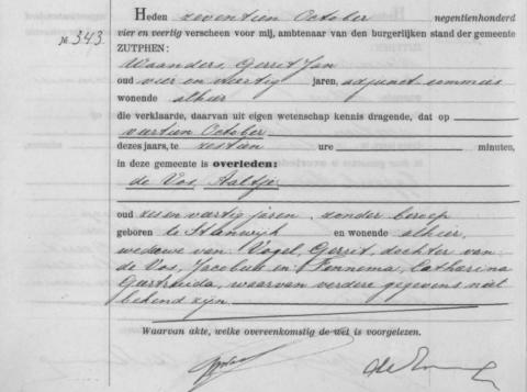 Uittreksel uit het overlijdensregister der Gemeente Zutphen
