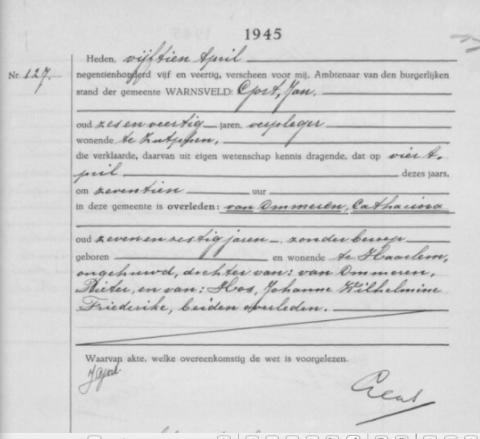 Uittreksel uit het overlijdensregister der Gemeente Warnsveld