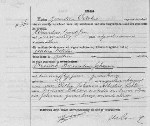 Uittreksel uit het overlijdensregister der Gemeente Zutphen