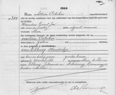 Uittreksel uit het overlijdensregister der Gemeente Zutphen