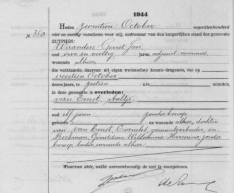 Uittreksel uit het overlijdensregister der Gemeente Zutphen