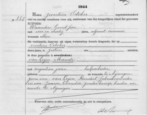Uittreksel uit het overlijdensregister der Gemeente Zutphen