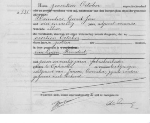 Uittreksel uit het overlijdensregister der Gemeente Zutphen