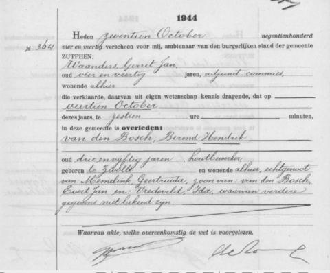 Uittreksel uit het overlijdensregister der gemeente Zutphen